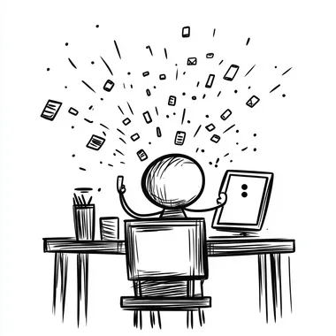 A stick figure at a desk with a giant phone hovering nearby, throwing notifications at them. The figure aggressively presses a mute button, and the phone disappears, leaving them in peaceful focus, white and black stick figure, minimalist,white background, line art