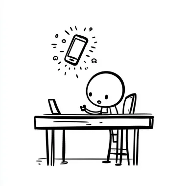 A stick figure at a desk with a giant phone hovering nearby, throwing notifications at them. The figure aggressively presses a mute button, and the phone disappears, leaving them in peaceful focus, white and black stick figure, minimalist,white background, line art