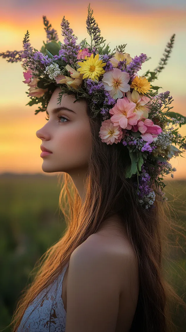 a woman with a flower crown on her head