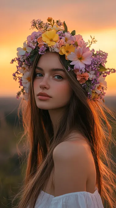 A young woman wearing a vibrant wreath of fresh spring flowers on her head, standing gracefully against the backdrop of a breathtaking sunset landscape. The wreath features delicate blooms in soft pastel shades, such as pink, yellow, and lavender, intertwined with lush green leaves, symbolizing renewal and the essence of spring. The sunset sky is a stunning gradient of warm oranges, pinks, and purples, fading into soft blues, casting a golden glow on her face and the surrounding scene. Her expression is serene and contemplative, her hair flowing naturally in the gentle breeze. The setting showcases rolling fields or a distant forest, slightly blurred to emphasize the subject. The lighting is natural, golden hour light, creating a soft, flattering effect with warm highlights and gentle shadows. Captured with a 70-200mm lens at f/2.8 to isolate the subject while maintaining a dreamy, atmospheric background. The mood evokes harmony, beauty, and connection with nature, celebrating the arrival of spring.