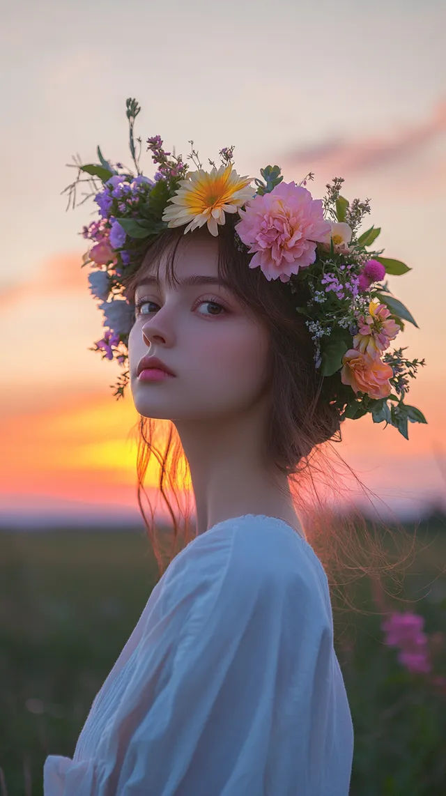 a woman with a wreath of flowers on her head