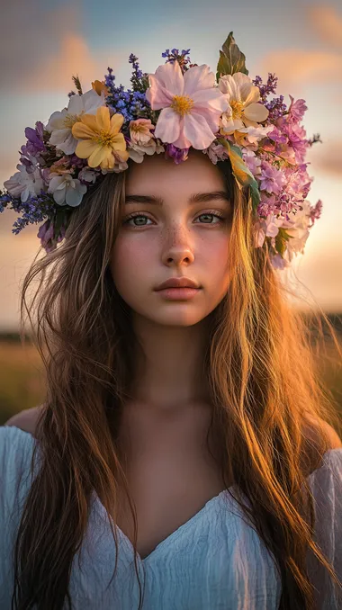 A young woman wearing a vibrant wreath of fresh spring flowers on her head, standing gracefully against the backdrop of a breathtaking sunset landscape. The wreath features delicate blooms in soft pastel shades, such as pink, yellow, and lavender, intertwined with lush green leaves, symbolizing renewal and the essence of spring. The sunset sky is a stunning gradient of warm oranges, pinks, and purples, fading into soft blues, casting a golden glow on her face and the surrounding scene. Her expression is serene and contemplative, her hair flowing naturally in the gentle breeze. The setting showcases rolling fields or a distant forest, slightly blurred to emphasize the subject. The lighting is natural, golden hour light, creating a soft, flattering effect with warm highlights and gentle shadows. Captured with a 70-200mm lens at f/2.8 to isolate the subject while maintaining a dreamy, atmospheric background. The mood evokes harmony, beauty, and connection with nature, celebrating the arrival of spring.