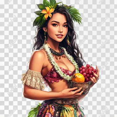 game art, Hawaiian young woman in national clothes with fruit, white background