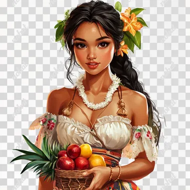game art, Hawaiian young woman in national clothes with fruit, white background