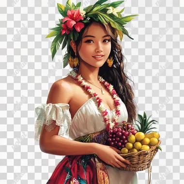 game art, Hawaiian young woman in national clothes with fruit, white background