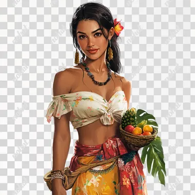 game art, Hawaiian young woman in national clothes with fruit, white background