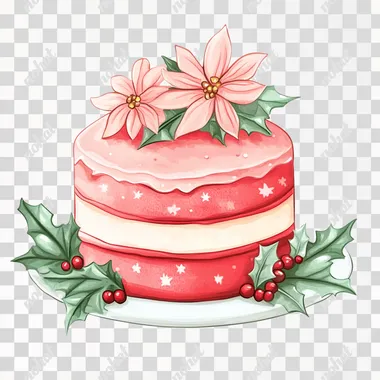 Cute cartoon soft light pastel red christmas cake with some flowers in a simple watercolor drawing style, kawaii style, soft pastel colors, isolated on a white background