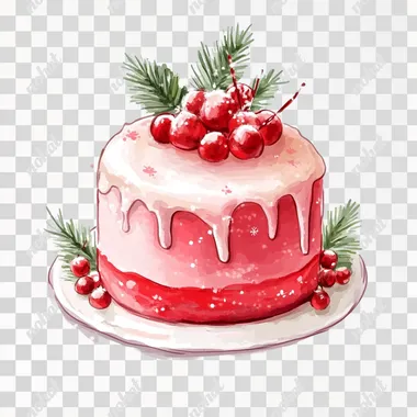 Cute cartoon soft light pastel red christmas cake with some flowers in a simple watercolor drawing style, kawaii style, soft pastel colors, isolated on a white background