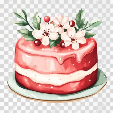 Cute cartoon soft light pastel red christmas cake with some flowers in a simple watercolor drawing style, kawaii style, soft pastel colors, isolated on a white background