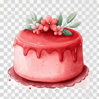 Cute cartoon soft light pastel red christmas cake with some flowers in a simple watercolor drawing style, kawaii style, soft pastel colors, isolated on a white background