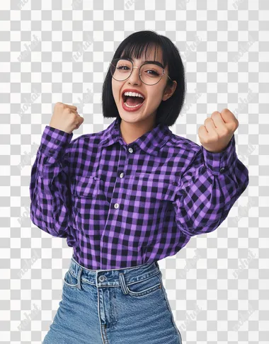 A young mexican woman wearing jeans and a purple checkered long-sleeved shirt is standing in front of the camera, with an excited expression and celebrating with a pose semi-profiled with one arm crossed and with the other arm he makes a flea-up gesture . She has short black hair and slightly straight bangs with glasses. The background color is white to highlight him. Capture the moment when she's conveying joy as if something interesting or amazing had just landed on it, in the style of Canon EOS R5.