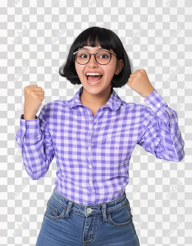 A young mexican woman wearing jeans and a purple checkered long-sleeved shirt is standing in front of the camera, with an excited expression and celebrating with a pose semi-profiled with one arm crossed and with the other arm he makes a flea-up gesture . She has short black hair and slightly straight bangs with glasses. The background color is white to highlight him. Capture the moment when she's conveying joy as if something interesting or amazing had just landed on it, in the style of Canon EOS R5.