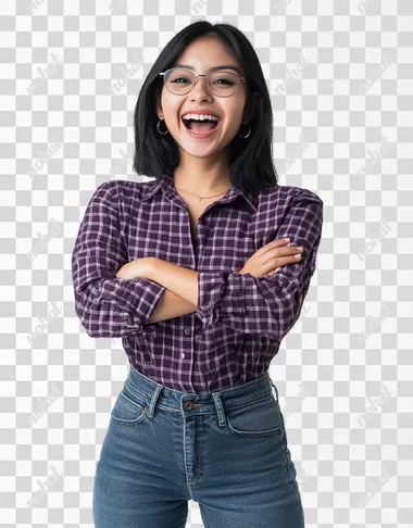 A young mexican woman wearing jeans and a purple checkered long-sleeved shirt is standing in front of the camera, with an excited expression and celebrating with a pose semi-profiled with one arm crossed and with the other arm he makes a flea-up gesture . She has short black hair and slightly straight bangs with glasses. The background color is white to highlight him. Capture the moment when she's conveying joy as if something interesting or amazing had just landed on it, in the style of Canon EOS R5.