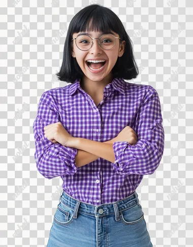 A young mexican woman wearing jeans and a purple checkered long-sleeved shirt is standing in front of the camera, with an excited expression and celebrating with a pose semi-profiled with one arm crossed and with the other arm he makes a flea-up gesture . She has short black hair and slightly straight bangs with glasses. The background color is white to highlight him. Capture the moment when she's conveying joy as if something interesting or amazing had just landed on it, in the style of Canon EOS R5.