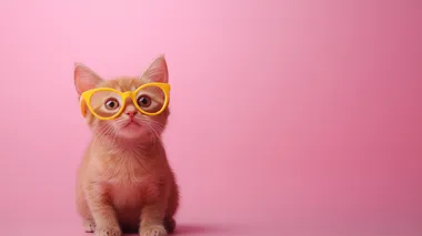 red cat in yellow glasses on clean isolated pink background,copy space