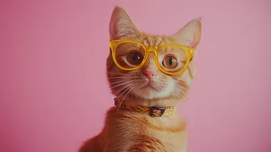 red cat in yellow glasses on clean isolated pink background,copy space