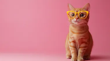 red cat in yellow glasses on clean isolated pink background,copy space