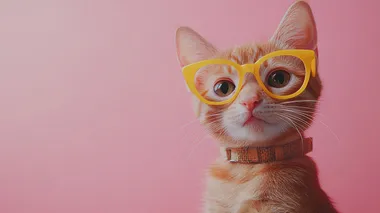 red cat in yellow glasses on clean isolated pink background,copy space