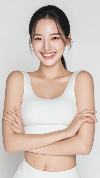 A true-to-life, ultra high resolution beauty portrait of a Korean woman aged between 20 and 26, captured from head to just below the waist. She is posing in a free, relaxed, and natural way her arms and hands fully visible, including shoulders and elbows, with no parts cropped out. Her face is the main focus, expressing a bright and confident smile that feels spontaneous and genuine. She has soft, youthful features with clear skin and long, straight hair neatly tucked behind her shoulders without flyaways. The composition includes her full upper body, completely inside the frame without any cropping, centered in the frame with extra background margin on all sides for a clean and professional look. The photo is shot in natural daylight with balanced highlights and soft shadows, against a plain, bright studio background. No visible makeup or accessories. Realistic skin texture, true skin tones, fashion beauty editorial style, DSLR-level clarity, zero stylization.    --raw