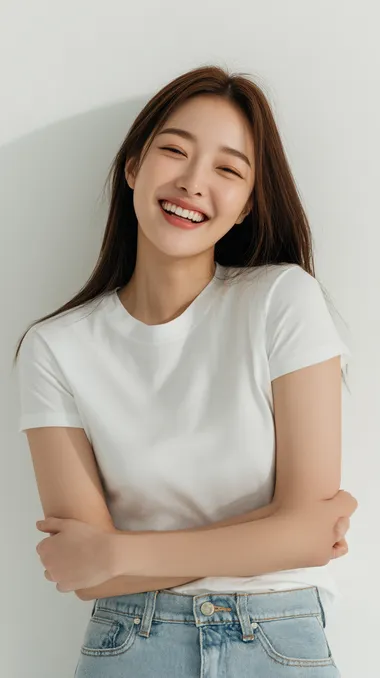 A true-to-life, ultra high resolution beauty portrait of a Korean woman aged between 20 and 26, captured from head to just below the waist. She is posing in a free, relaxed, and natural way her arms and hands fully visible, including shoulders and elbows, with no parts cropped out. Her face is the main focus, expressing a bright and confident smile that feels spontaneous and genuine. She has soft, youthful features with clear skin and long, straight hair neatly tucked behind her shoulders without flyaways. The composition includes her full upper body, completely inside the frame without any cropping, centered in the frame with extra background margin on all sides for a clean and professional look. The photo is shot in natural daylight with balanced highlights and soft shadows, against a plain, bright studio background. No visible makeup or accessories. Realistic skin texture, true skin tones, fashion beauty editorial style, DSLR-level clarity, zero stylization.    --raw