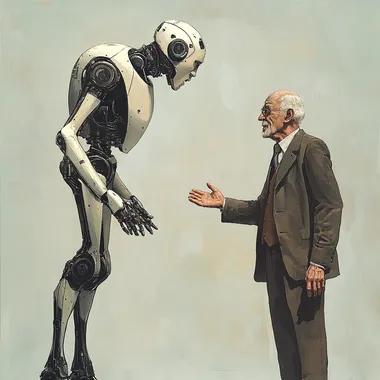a robot in a conversation with an old man. Robot is tall, bending down slightly to listen to the old man. Old man is slightly nervous but excited, looking up to the robot and gesticlating, dressed in an old three-piece suit
