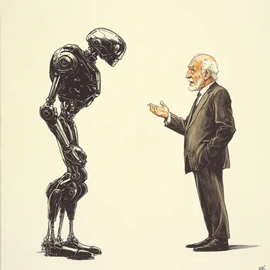 a robot in a conversation with an old man. Robot is tall, bending down slightly to listen to the old man. Old man is slightly nervous but excited, looking up to the robot and gesticlating, dressed in an old three-piece suit