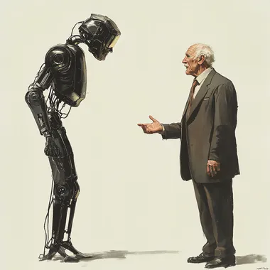 a robot in a conversation with an old man. Robot is tall, bending down slightly to listen to the old man. Old man is slightly nervous but excited, looking up to the robot and gesticlating, dressed in an old three-piece suit