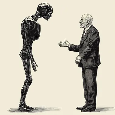a robot in a conversation with an old man. Robot is tall, bending down slightly to listen to the old man. Old man is slightly nervous but excited, looking up to the robot and gesticlating, dressed in an old three-piece suit