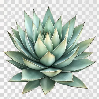 Create a highly detailed photo of a large agave plant with long, pointed leaves, each leaf showcasing sharp edges and a soft green hue. The texture of the leaves should reflect the natural lines and patterns unique to the agave, with a slightly dusty appearance typical of a succulent. The plant should be depicted in a realistic style, isolated on a white background, emphasizing its elegant and formidable structure