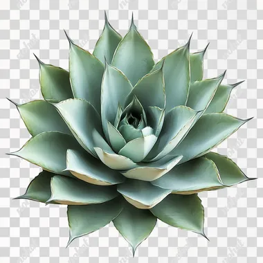 Create a highly detailed photo of a large agave plant with long, pointed leaves, each leaf showcasing sharp edges and a soft green hue. The texture of the leaves should reflect the natural lines and patterns unique to the agave, with a slightly dusty appearance typical of a succulent. The plant should be depicted in a realistic style, isolated on a white background, emphasizing its elegant and formidable structure