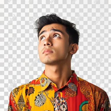 a trendy indonesian young man with vibrant attire, confused expression, medium shot, isolated white, halftone style