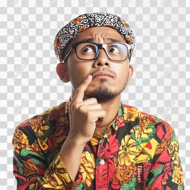 a trendy indonesian young man with vibrant attire, confused expression, medium shot, isolated white, halftone style