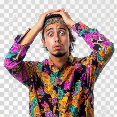 a trendy indonesian young man with vibrant attire, confused expression, medium shot, isolated white, halftone style
