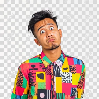 a trendy indonesian young man with vibrant attire, confused expression, medium shot, isolated white, halftone style