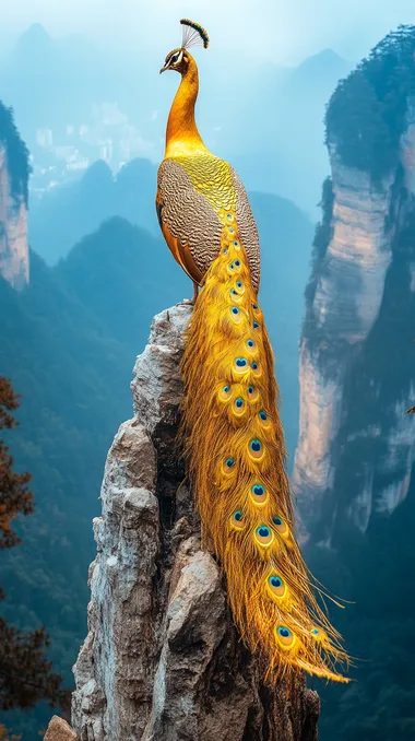 A golden peacock perches on the top of a mountain in Zhangjiajie, with a long shiny tail and bright yellow feathers. The background is the rolling mountains and the distant scenery. This photo was taken by a professional photographer with a high-definition camera on a sunny day. It has exquisite details and brilliant colors. The full-body photo shows the peacock's majestic wings, adding to its elegance and realism.