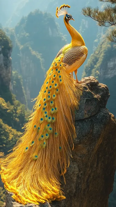 A golden peacock perches on the top of a mountain in Zhangjiajie, with a long shiny tail and bright yellow feathers. The background is the rolling mountains and the distant scenery. This photo was taken by a professional photographer with a high-definition camera on a sunny day. It has exquisite details and brilliant colors. The full-body photo shows the peacock's majestic wings, adding to its elegance and realism.
