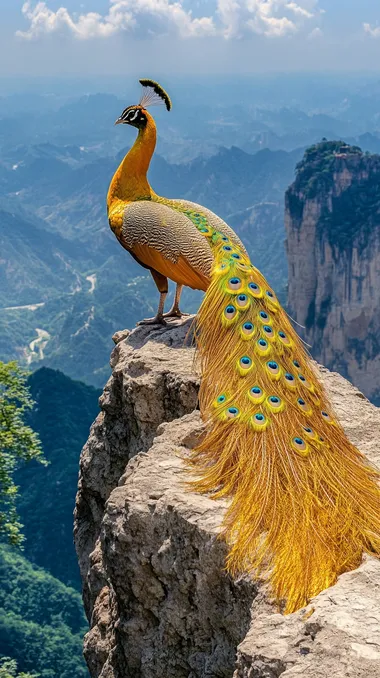 A golden peacock perches on the top of a mountain in Zhangjiajie, with a long shiny tail and bright yellow feathers. The background is the rolling mountains and the distant scenery. This photo was taken by a professional photographer with a high-definition camera on a sunny day. It has exquisite details and brilliant colors. The full-body photo shows the peacock's majestic wings, adding to its elegance and realism.
