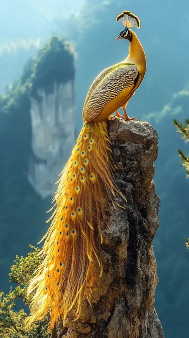 A golden peacock perches on the top of a mountain in Zhangjiajie, with a long shiny tail and bright yellow feathers. The background is the rolling mountains and the distant scenery. This photo was taken by a professional photographer with a high-definition camera on a sunny day. It has exquisite details and brilliant colors. The full-body photo shows the peacock's majestic wings, adding to its elegance and realism.
