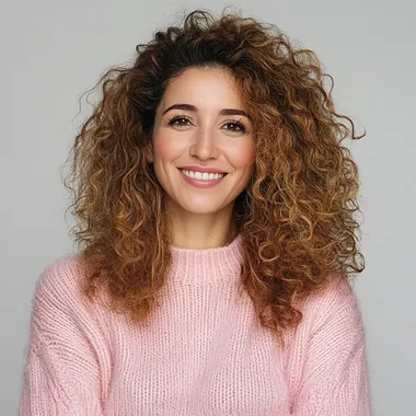 Realistic photograph of a beautiful 30-year-old European woman with curly hair wearing a pastel pink pop jumper and smiling. The woman is posed. The background must be white and the photograph must be taken in 4 --s 50