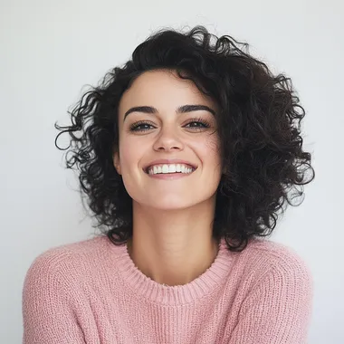 Realistic photograph of a beautiful 30-year-old European woman with curly hair wearing a pastel pink pop jumper and smiling. The woman is posed. The background must be white and the photograph must be taken in 4 --s 50