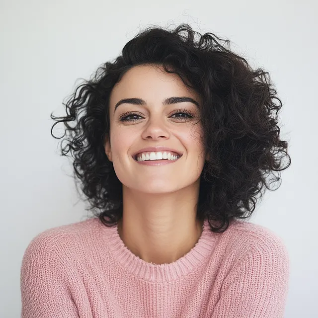 Smiling 30-Year-Old European Woman in Pink Sweater Portrait