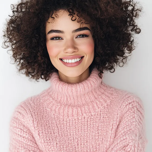Beautiful European woman with curly hair in pink sweater, smiling