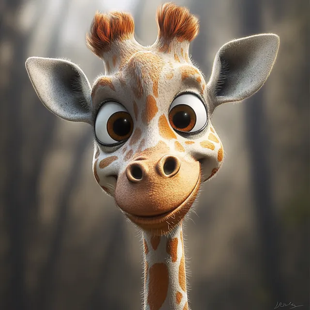 Funny giraffe with big eyes in a Pixar-style savanna setting