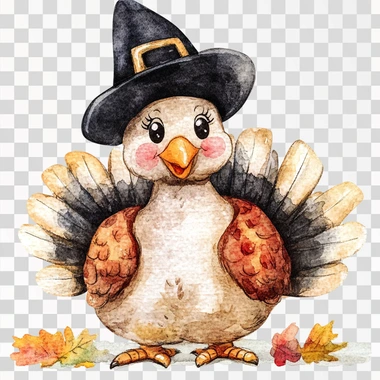 A cute vintage watercolor turkey sitting down wearing a black pilgrim hat, with a happy face, on a white background, in the style of clipart.