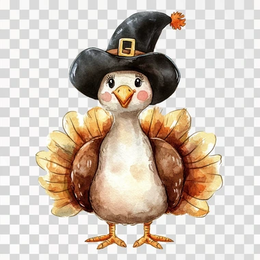 A cute vintage watercolor turkey sitting down wearing a black pilgrim hat, with a happy face, on a white background, in the style of clipart.