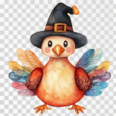 A cute vintage watercolor turkey sitting down wearing a black pilgrim hat, with a happy face, on a white background, in the style of clipart.