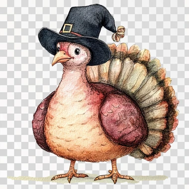 A cute vintage watercolor turkey sitting down wearing a black pilgrim hat, with a happy face, on a white background, in the style of clipart.