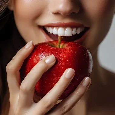 A beautiful woman's hand is holding an apple, and she has her mouth open to bite the red apple with white teeth. The background color of white was used for the photography. This photo shows that one side features high-definition photography, professional portrait photos taken with Hasselblad cameras, which present clear facial details and delicate skin texture. It creates a strong contrast between light and dark in close-range photography.