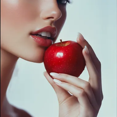 A beautiful woman's hand is holding an apple, and she has her mouth open to bite the red apple with white teeth. The background color of white was used for the photography. This photo shows that one side features high-definition photography, professional portrait photos taken with Hasselblad cameras, which present clear facial details and delicate skin texture. It creates a strong contrast between light and dark in close-range photography.
