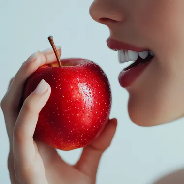 A beautiful woman's hand is holding an apple, and she has her mouth open to bite the red apple with white teeth. The background color of white was used for the photography. This photo shows that one side features high-definition photography, professional portrait photos taken with Hasselblad cameras, which present clear facial details and delicate skin texture. It creates a strong contrast between light and dark in close-range photography.